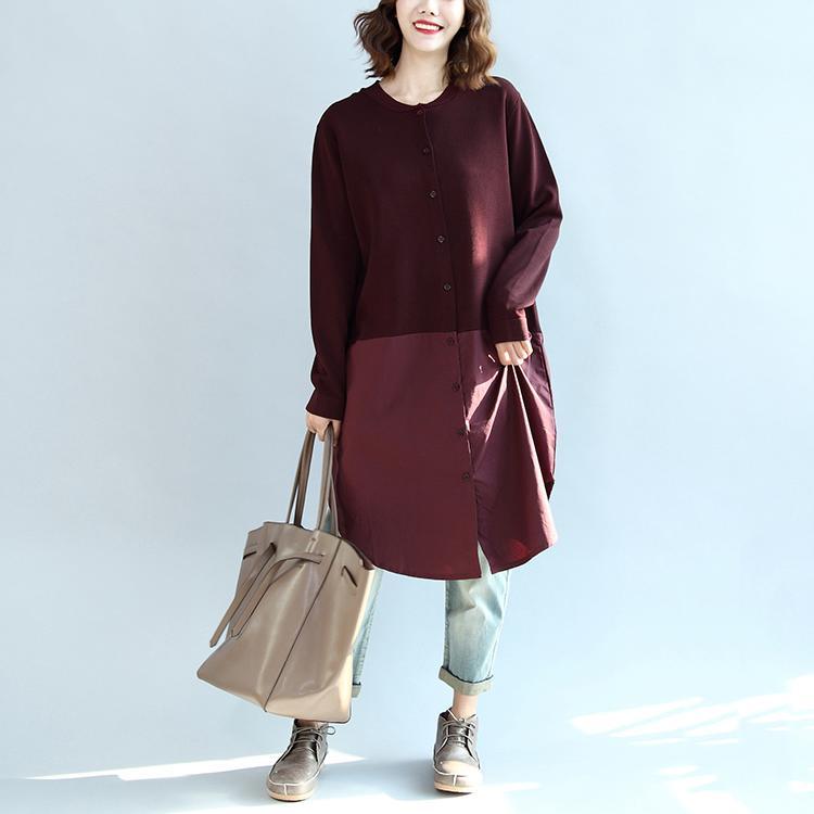 new burgundy patchwork hem cotton sweater dresses plus size knit shirts dress - Omychic