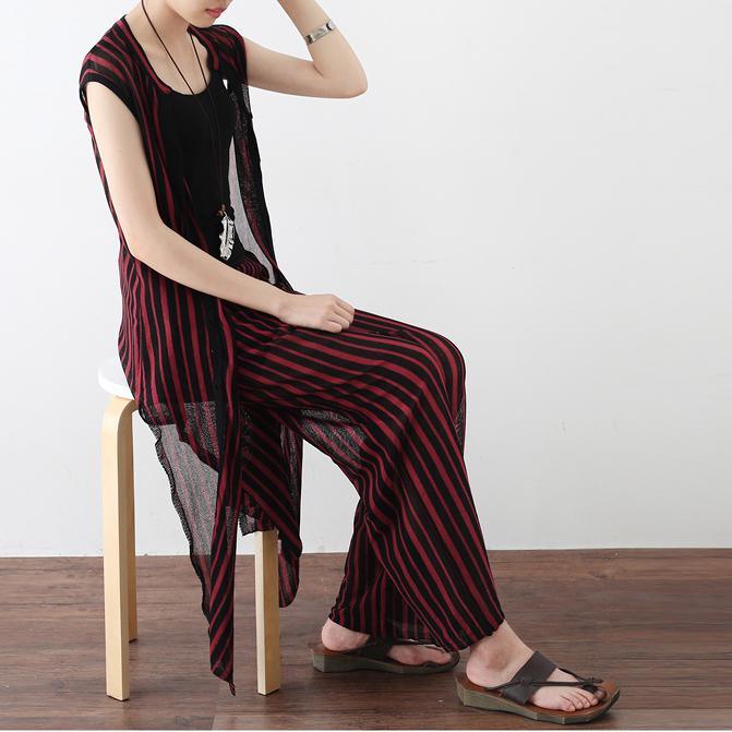 new burgundy striped linen two pieces summer knit blouse with trousers - Omychic