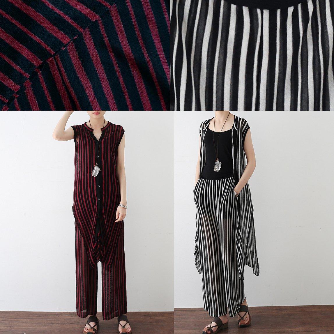 new burgundy striped linen two pieces summer knit blouse with trousers - Omychic