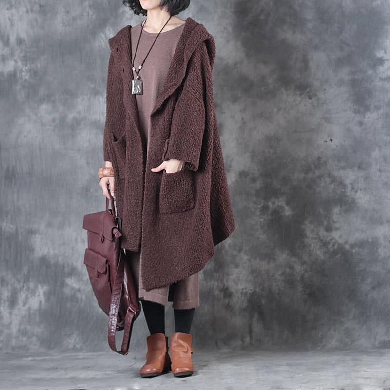 new casual burgundy hooded casual knit winter outwear plus size tie waist sweater coat - Omychic