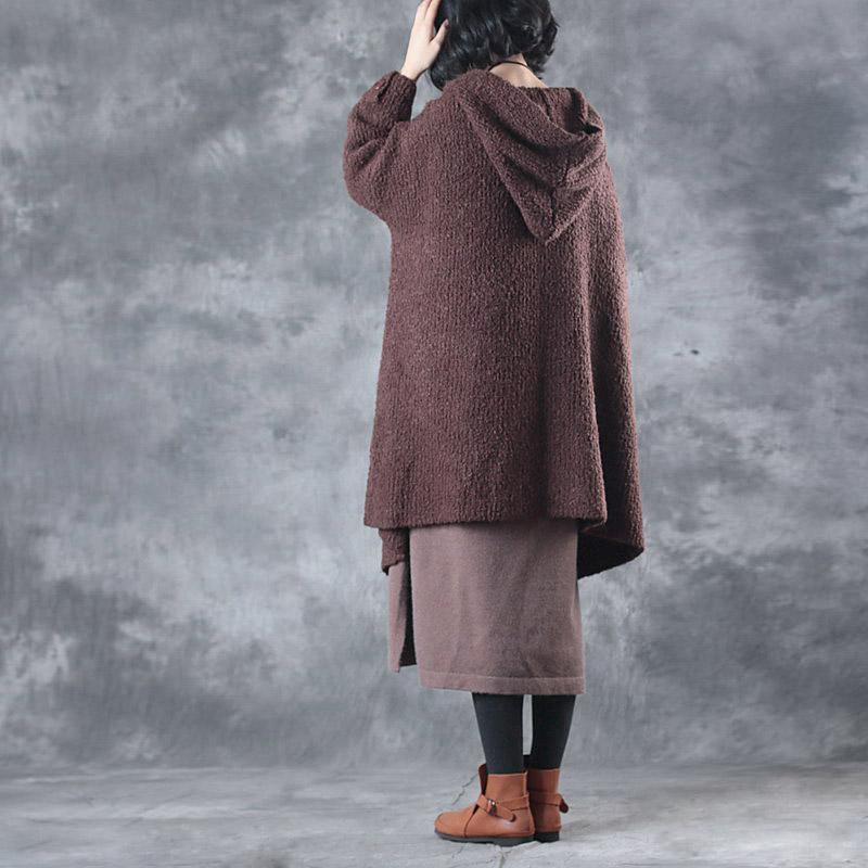 new casual burgundy hooded casual knit winter outwear plus size tie waist sweater coat - Omychic