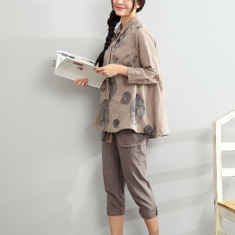 new chocolate linen shirt oversize print tops long sleeve blouse - Omychic
