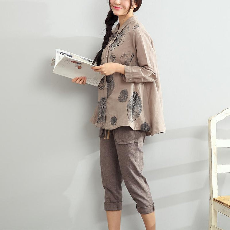 new chocolate linen shirt oversize print tops long sleeve blouse - Omychic