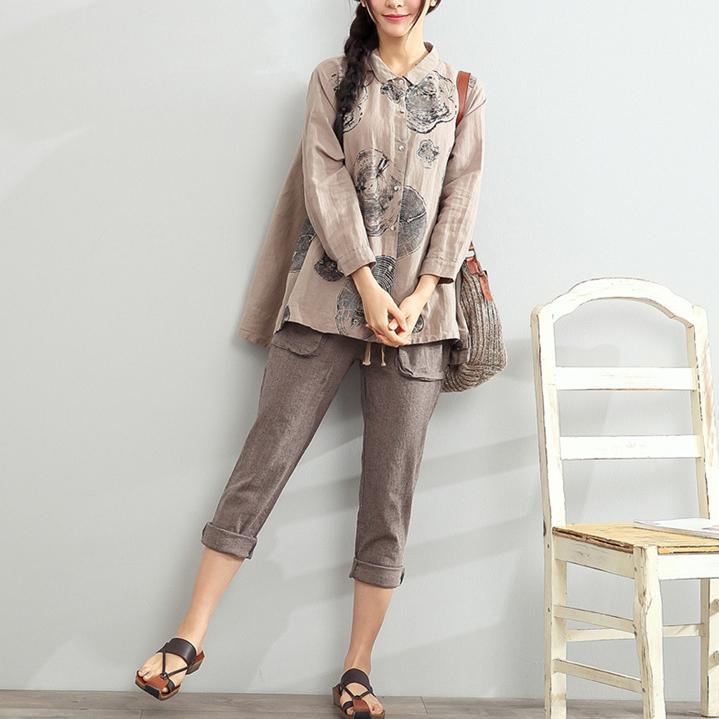 new chocolate linen shirt oversize print tops long sleeve blouse - Omychic