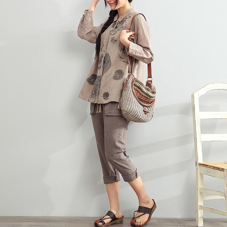 new chocolate linen shirt oversize print tops long sleeve blouse - Omychic