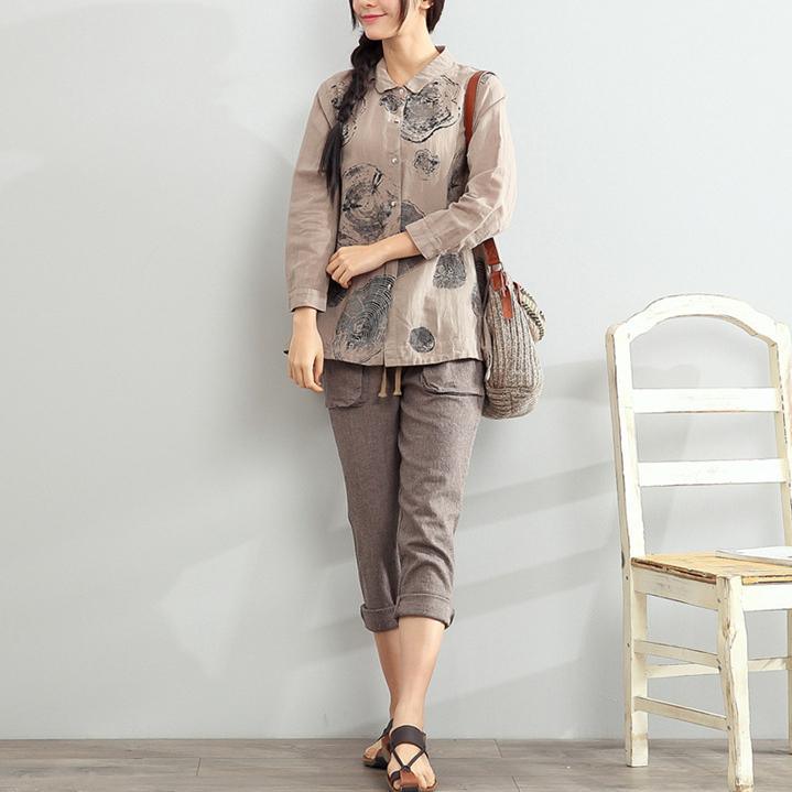 new chocolate linen shirt oversize print tops long sleeve blouse - Omychic