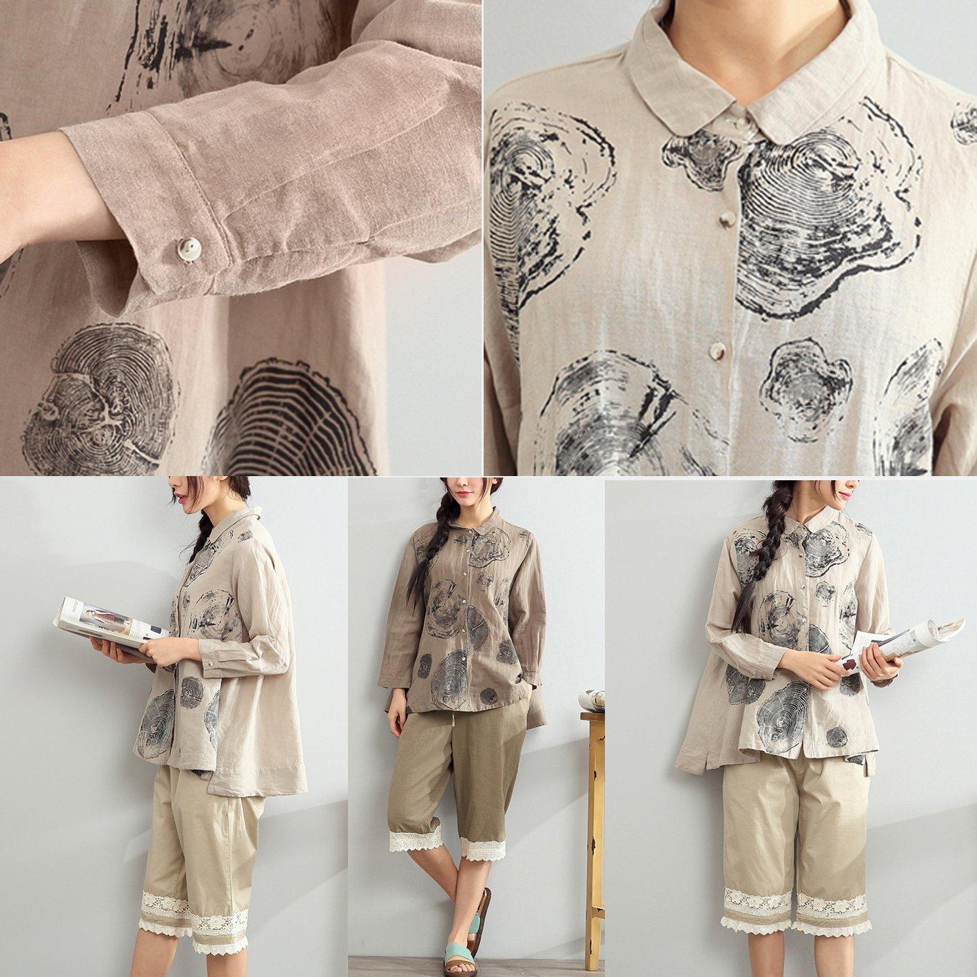 new chocolate linen shirt oversize print tops long sleeve blouse - Omychic
