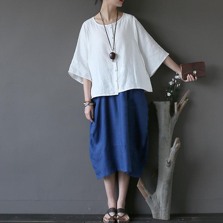 new dark blue linen cirlce skirts oversize elastic waist casual skirts - Omychic