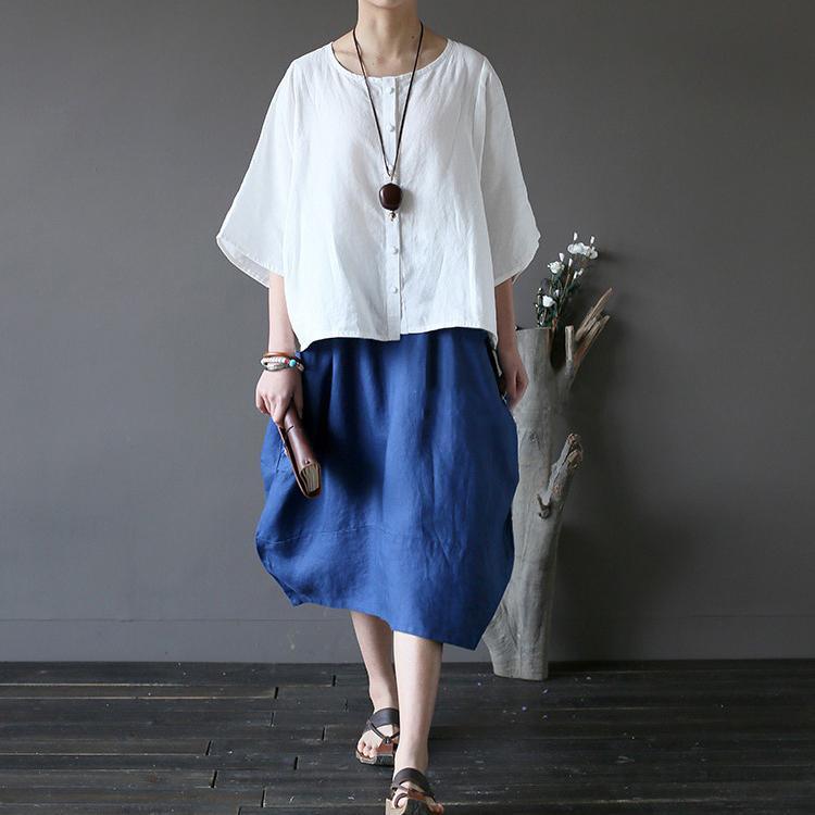 new dark blue linen cirlce skirts oversize elastic waist casual skirts - Omychic