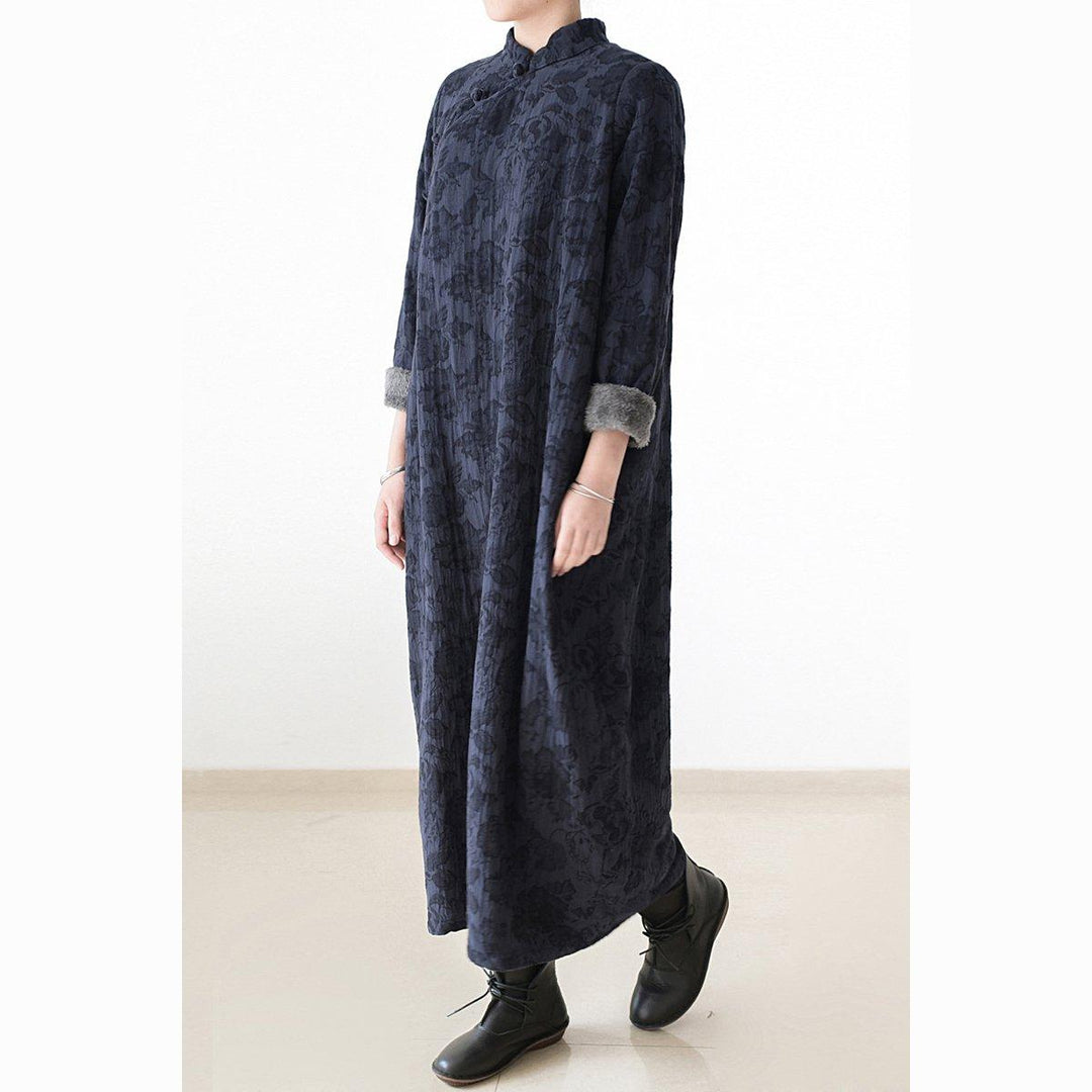 new dark blue warm fall outfit linen maxi dress oversize prints vintage Chinese Button casual dress - Omychic