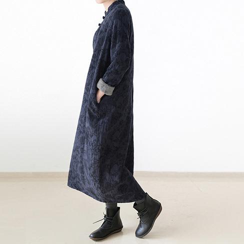 new dark blue warm fall outfit linen maxi dress oversize prints vintage Chinese Button casual dress - Omychic