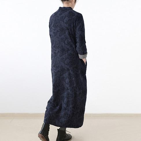 new dark blue warm fall outfit linen maxi dress oversize prints vintage Chinese Button casual dress - Omychic