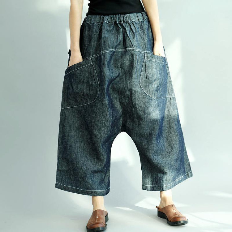 new dark denim blue casual cotton pants elastic waist stylish pants - Omychic