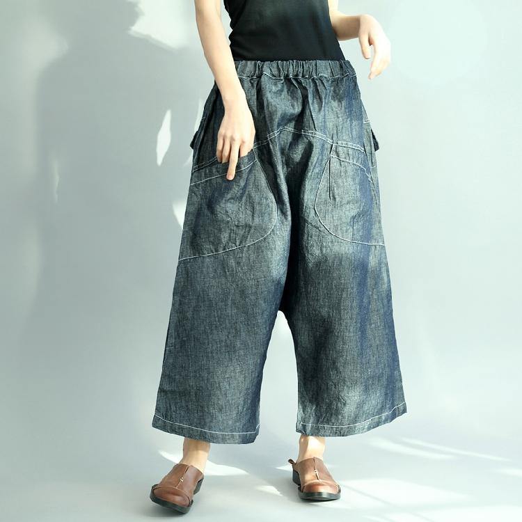 new dark denim blue casual cotton pants elastic waist stylish pants - Omychic