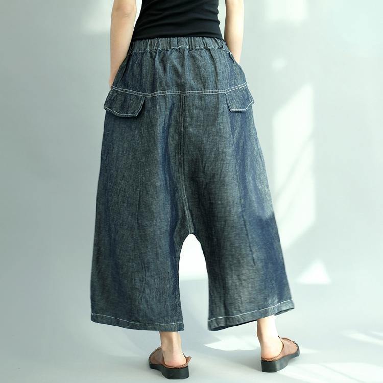 new dark denim blue casual cotton pants elastic waist stylish pants - Omychic