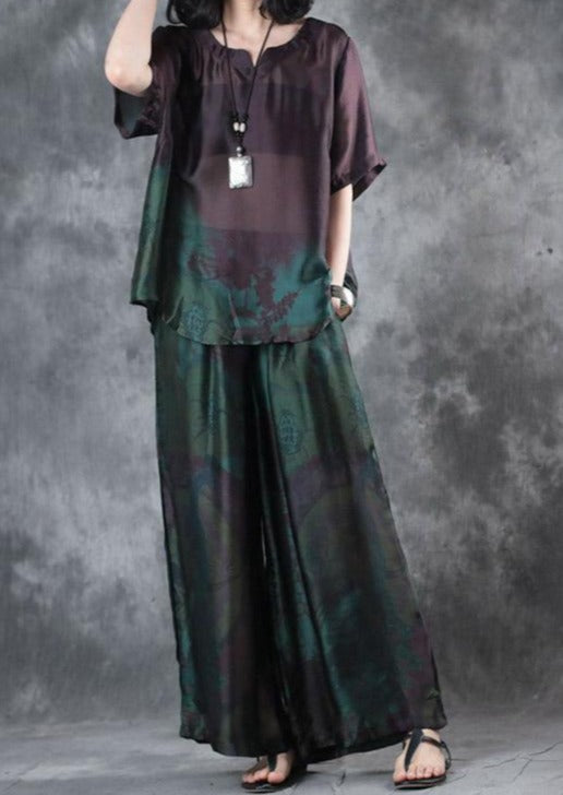 New Dark Purple Vintage Two Pieces Plus Size Pullover Shirts And Wide-leg Pants Skirt - Omychic