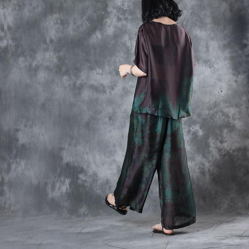 New Dark Purple Vintage Two Pieces Plus Size Pullover Shirts And Wide-leg Pants Skirt - Omychic