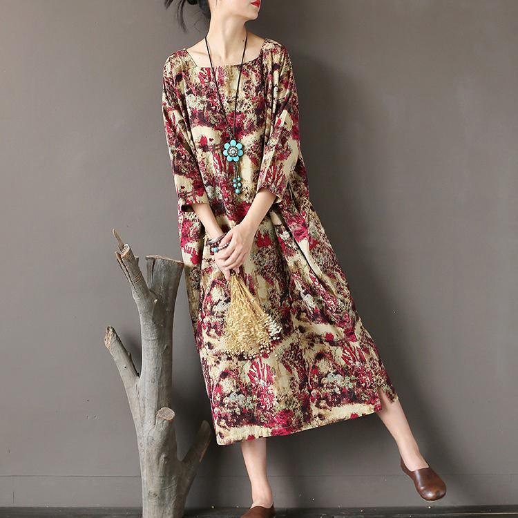 new fall beige prints linen dresses oversize casual square collar maxi dress - Omychic