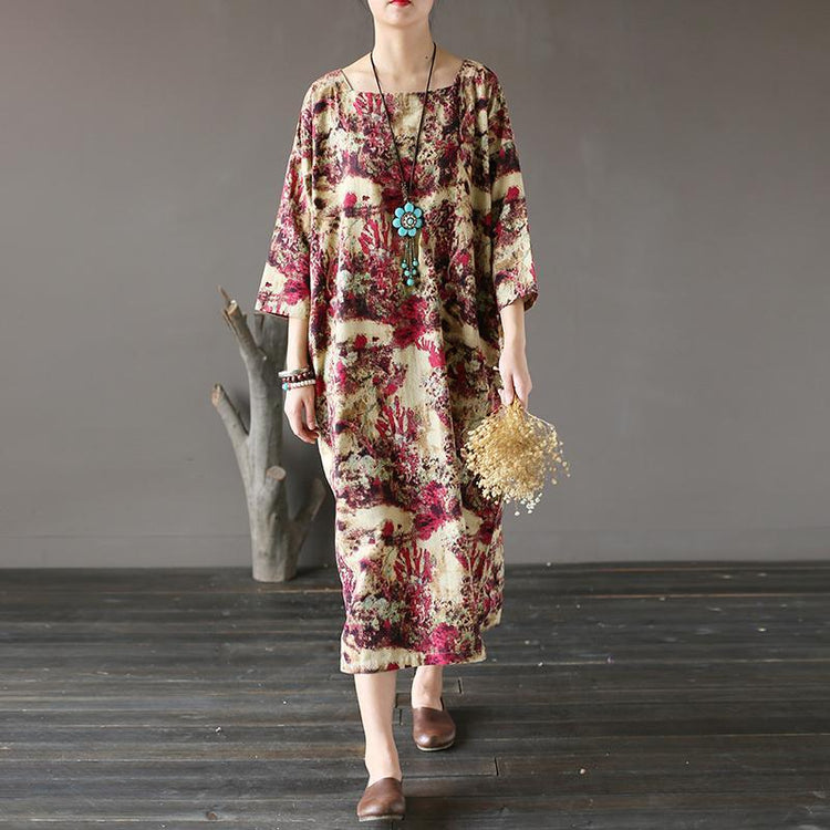 new fall beige prints linen dresses oversize casual square collar maxi dress - Omychic