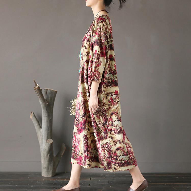 new fall beige prints linen dresses oversize casual square collar maxi dress - Omychic