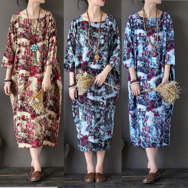 new fall beige prints linen dresses oversize casual square collar maxi dress - Omychic