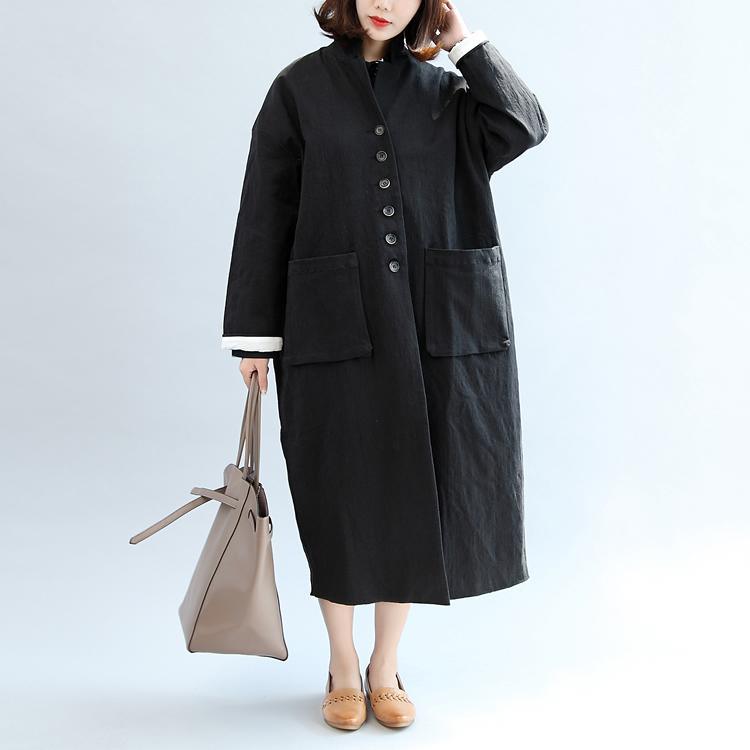 new fall black stylish linen outwear plus size casual maxi coat - Omychic