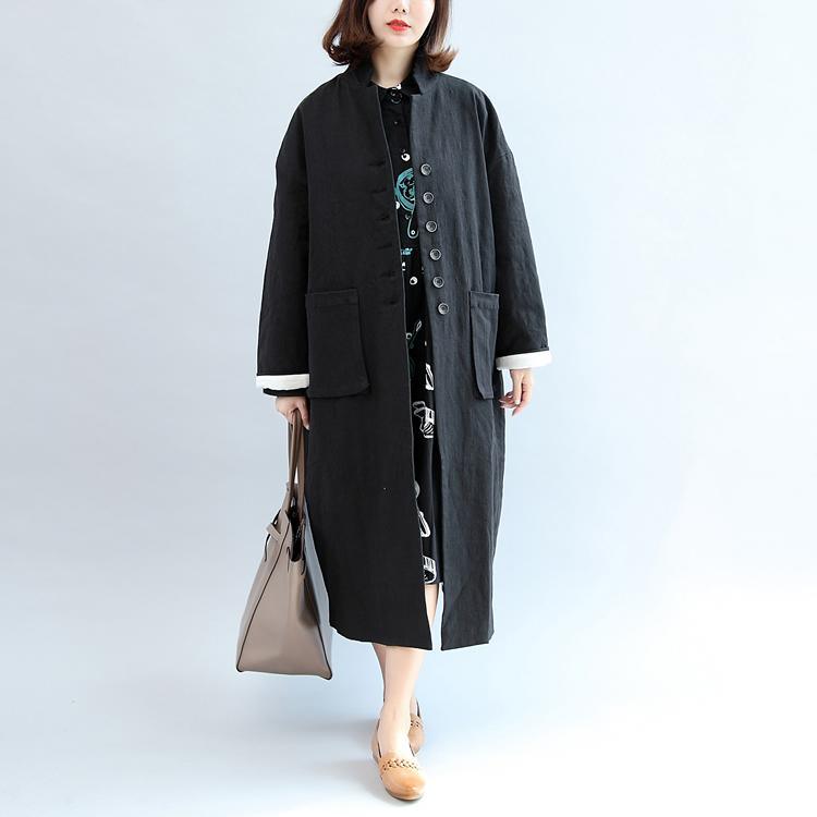 new fall black stylish linen outwear plus size casual maxi coat - Omychic