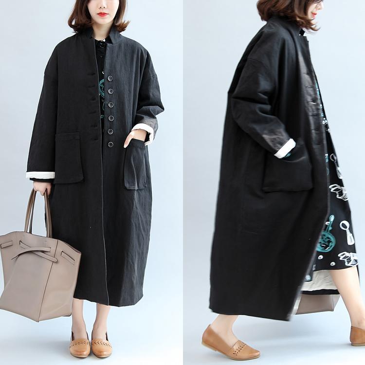 new fall black stylish linen outwear plus size casual maxi coat - Omychic