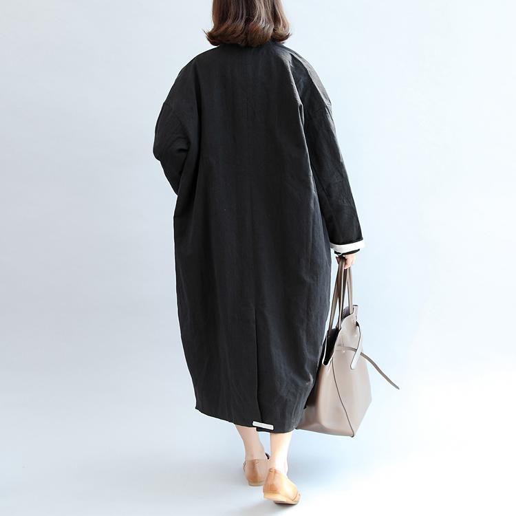 new fall black stylish linen outwear plus size casual maxi coat - Omychic