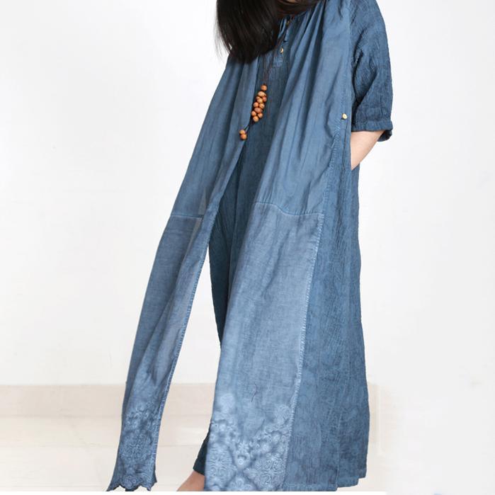new fall blue paints linen dresses oversize embroidery pickets maxi dress - Omychic