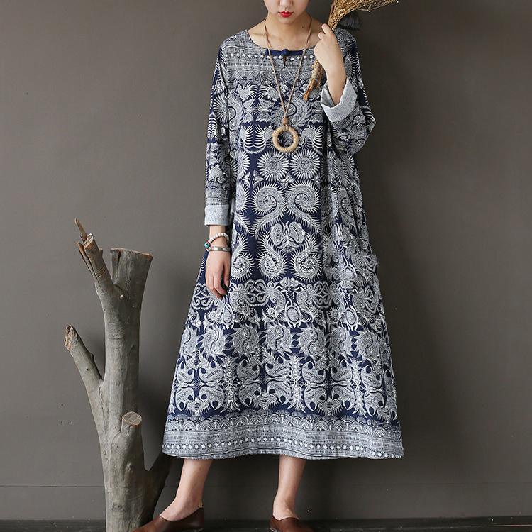 New Fall Dark Blue Print Cotton Dresses Plus Size Casual Long Sleeve Maxi Dress - Omychic