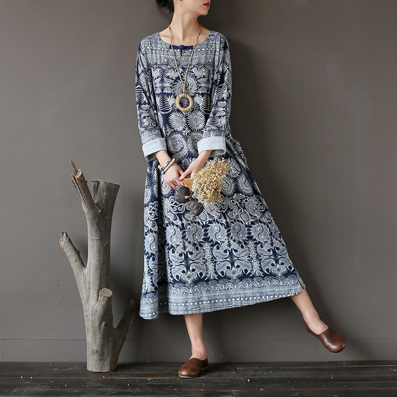 New Fall Dark Blue Print Cotton Dresses Plus Size Casual Long Sleeve Maxi Dress - Omychic