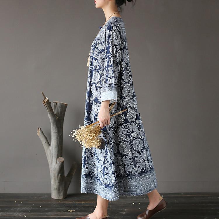 New Fall Dark Blue Print Cotton Dresses Plus Size Casual Long Sleeve Maxi Dress - Omychic