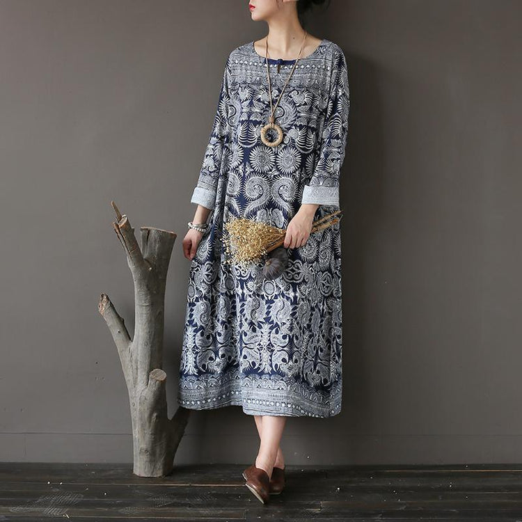 New Fall Dark Blue Print Cotton Dresses Plus Size Casual Long Sleeve Maxi Dress - Omychic