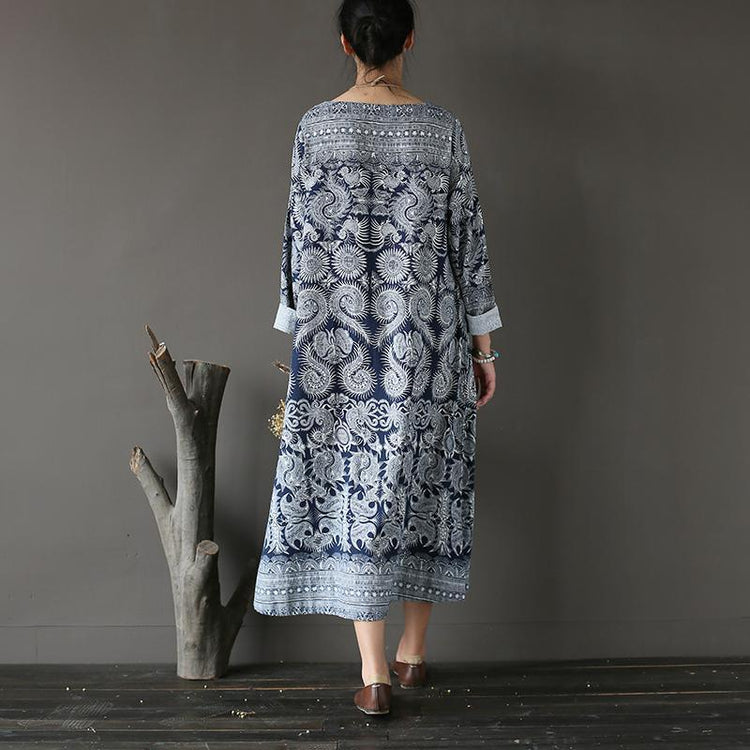 New Fall Dark Blue Print Cotton Dresses Plus Size Casual Long Sleeve Maxi Dress - Omychic