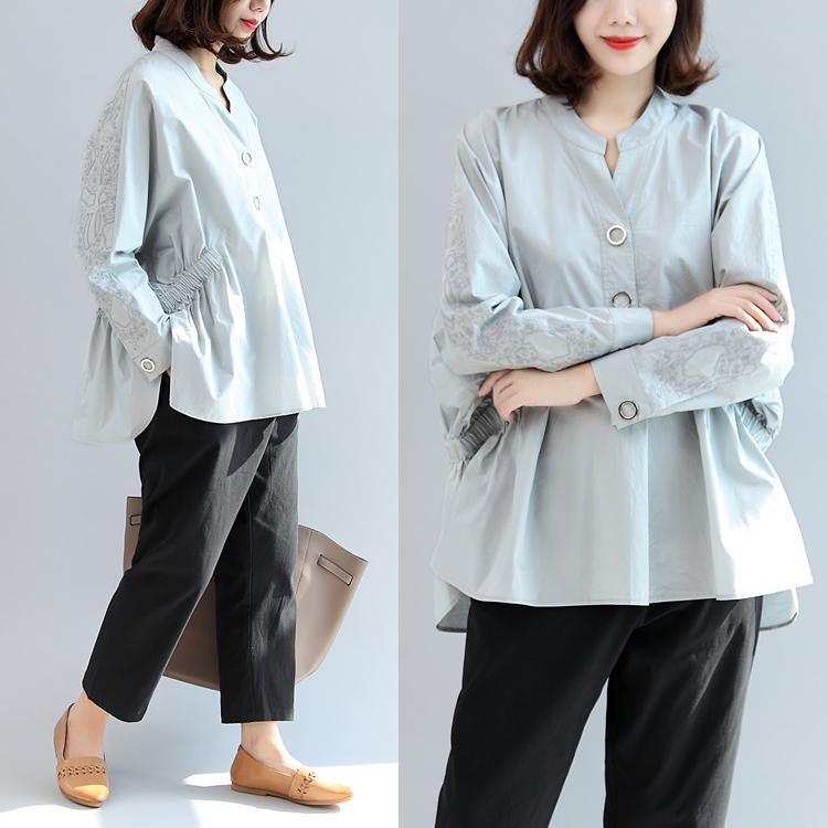 new fall gray embroidery cotton tops loose casual  blouse long sleeve shirts - Omychic
