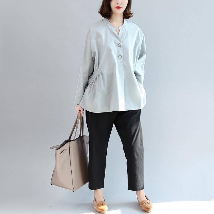 new fall gray embroidery cotton tops loose casual  blouse long sleeve shirts - Omychic