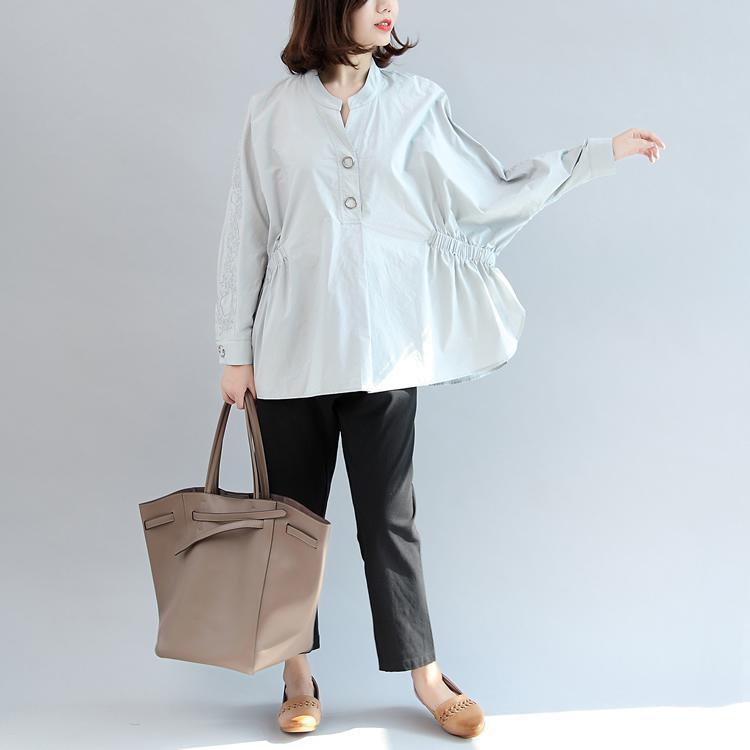 new fall gray embroidery cotton tops loose casual  blouse long sleeve shirts - Omychic