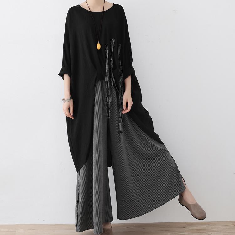new fall original design gray striped casual cotton pants plus size wide leg pants - Omychic