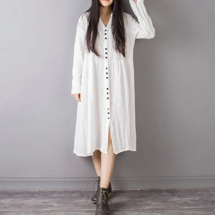 new fall white vintage linen dresses plus size long sleeve shirt dress - Omychic