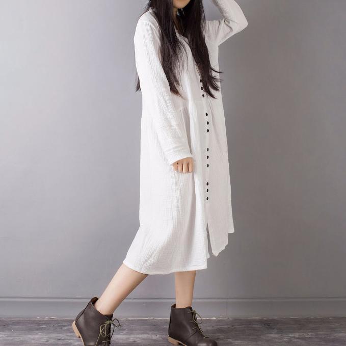 new fall white vintage linen dresses plus size long sleeve shirt dress - Omychic