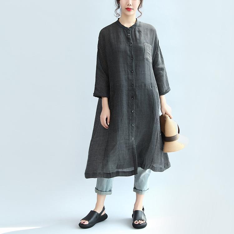New Fine Black Dotted Casual Dresses Plus Size Women Blouse Long Sleeve Shirt Dress - Omychic