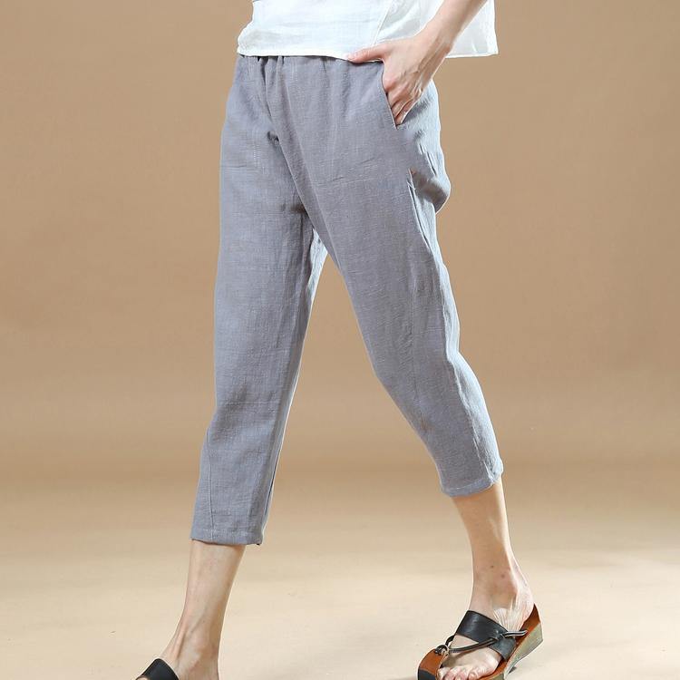 new gray brief linen pants loose elastic waist crop pants - Omychic