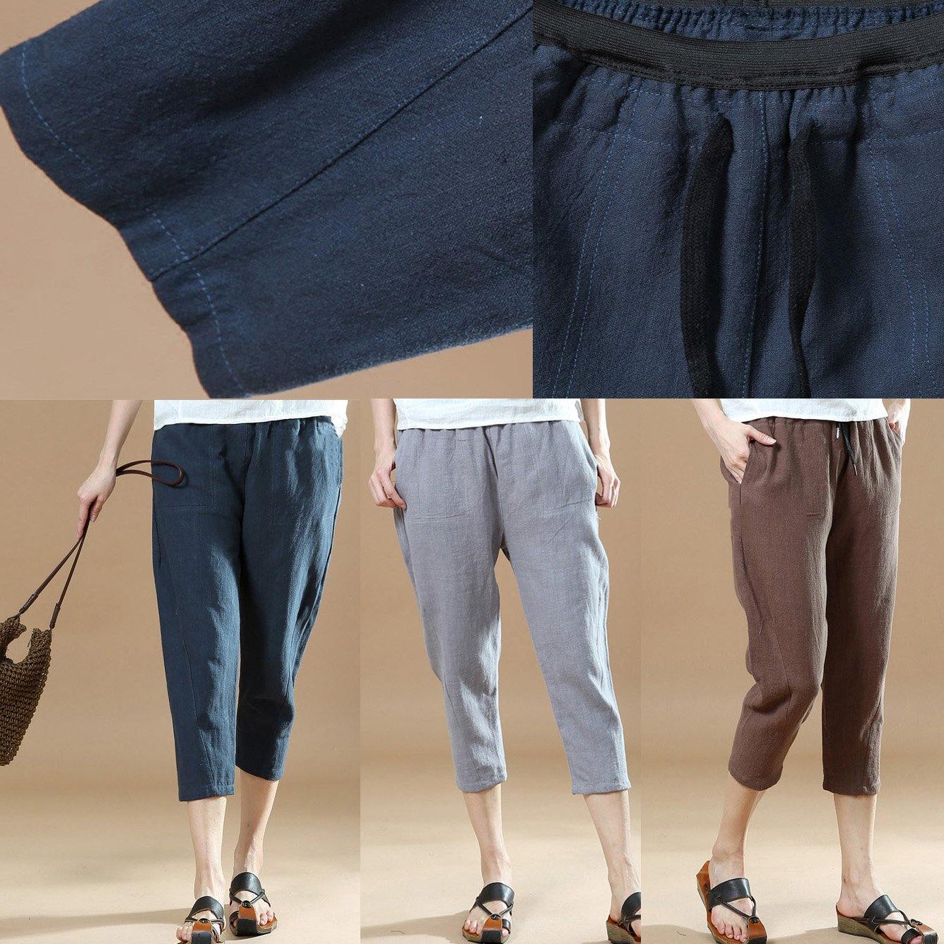 new gray brief linen pants loose elastic waist crop pants - Omychic
