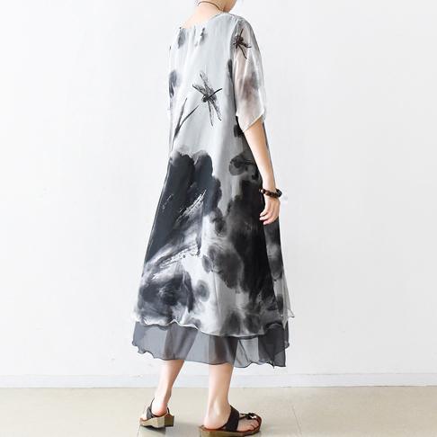 new gray chiffon prints dresses plus size maternity dress casual o neck sundress - Omychic