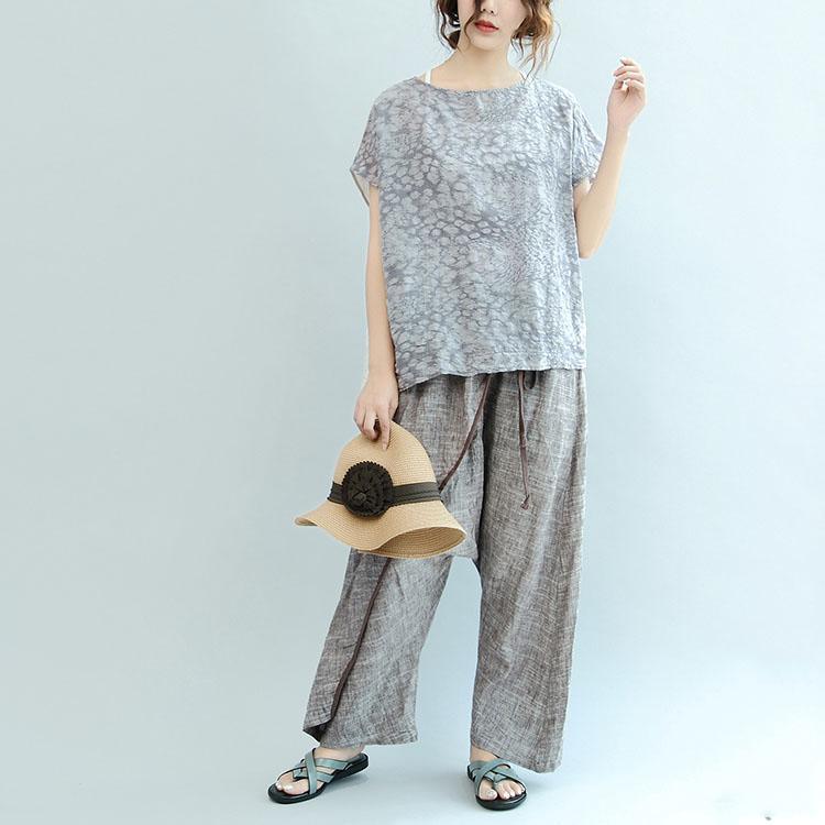 new gray floral linen tops plus size patchwork blouse short sleeve t shirt back side open - Omychic