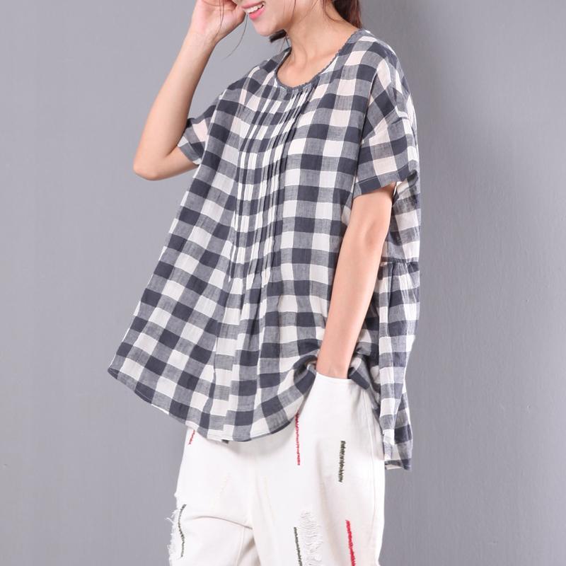 new gray plaid cotton blouse oversize casual tops wrinkled t shirt - Omychic