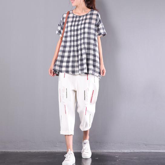 new gray plaid cotton blouse oversize casual tops wrinkled t shirt - Omychic