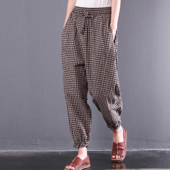 New Gray Plaid Cotton Pants Oversize Elastic Waist Casual Trousers - Omychic