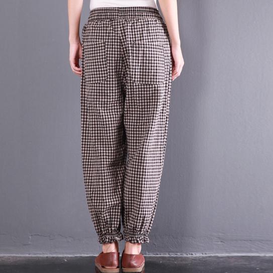 New Gray Plaid Cotton Pants Oversize Elastic Waist Casual Trousers - Omychic